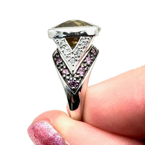 Designer Womens Ring Sterling Silver Smokey Topaz Size 6 Ornate Setting Estate - Picture 3 of 7